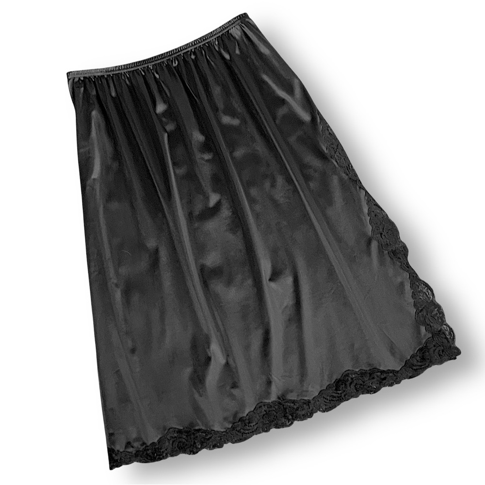 Vanity Fair Black Satin Slip with Lace Hem